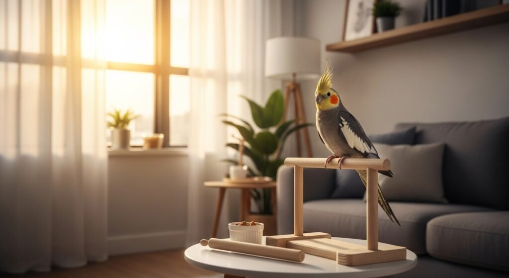 Treino de calopsita: 7 passos para higiene e “passeios” seguros em apartamento com 21 minutos por dia (sem punição)