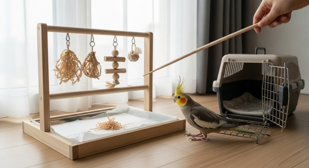 Treino de calopsita: 7 passos para higiene e “passeios” seguros em apartamento com 21 minutos por dia (sem punição)