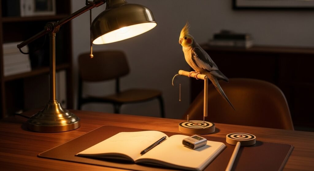 Treino de calopsita: 7 passos para higiene e “passeios” seguros em apartamento com 21 minutos por dia (sem punição)