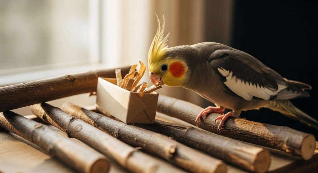 Enriquecimento para calopsita: 10 ideias simples para gastar energia mental (com rotina e treino)