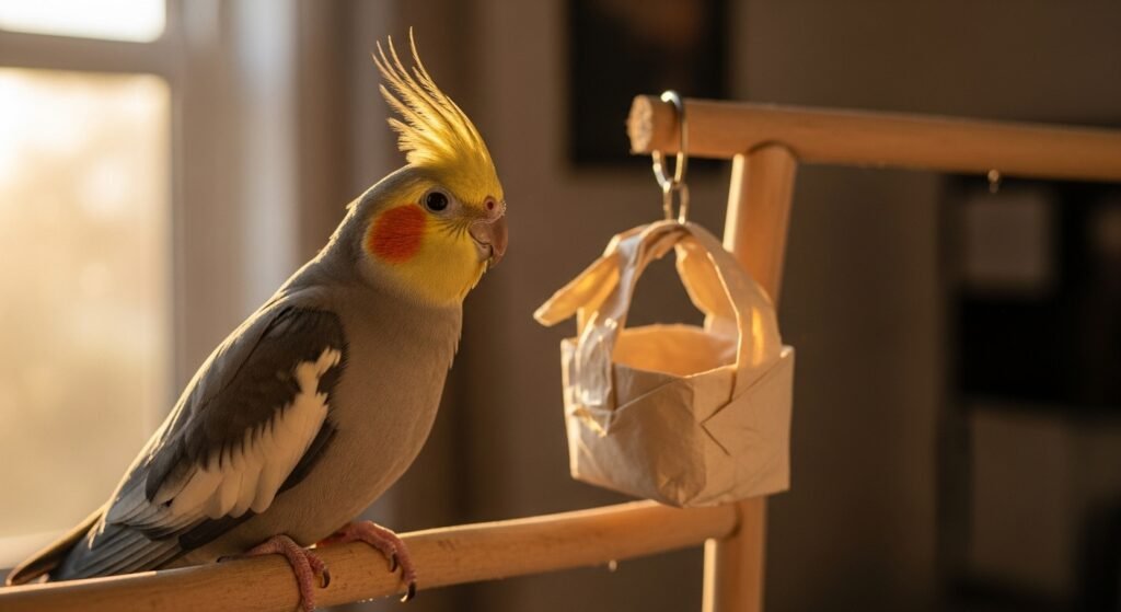 Enriquecimento para calopsita: 10 ideias simples para gastar energia mental (com rotina e treino)