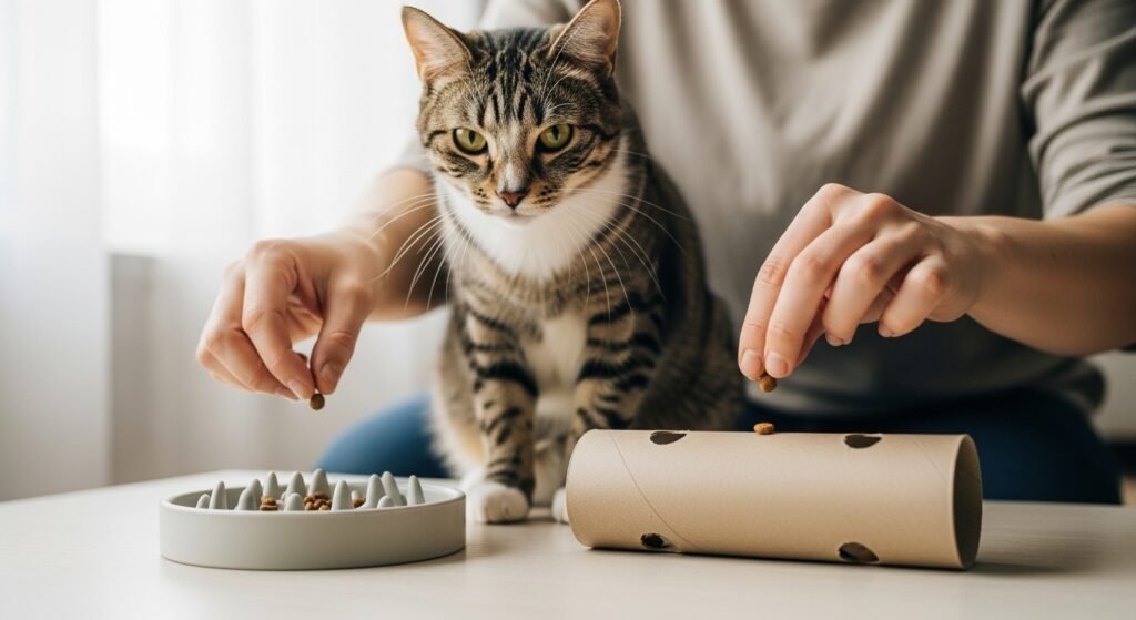 Enriquecimento alimentar gato: 7 sinais de que ele precisa de mais desafio (e como começar hoje)