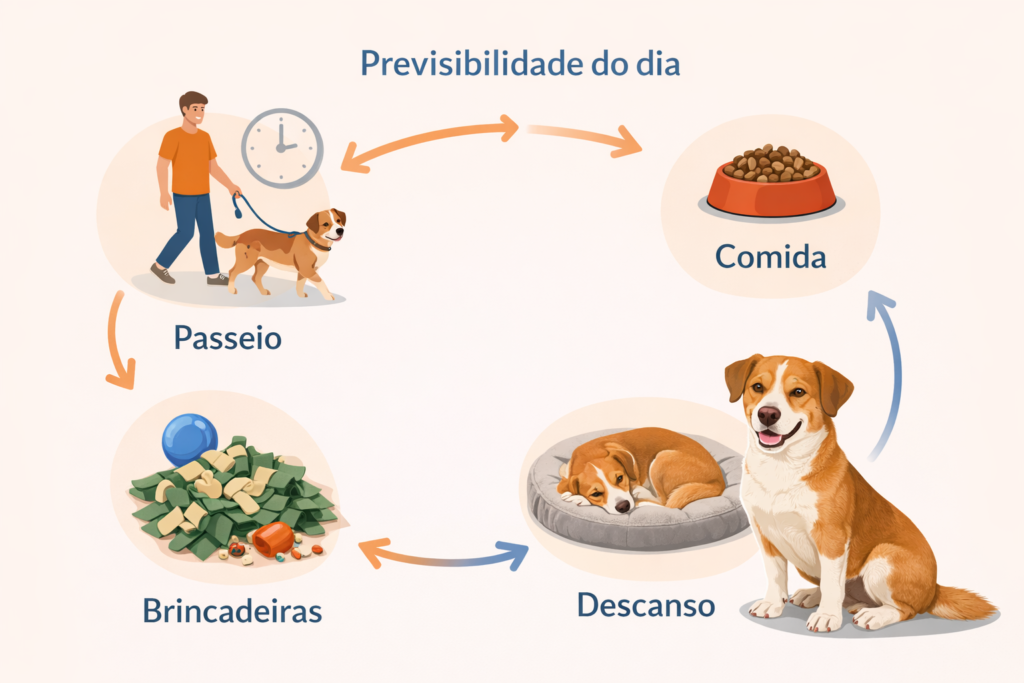 Checklist de rotina anti-ansiedade para cão: 5 passos com passeio, brincadeiras de faro, alimentação em brinquedo, treino curto e descanso com previsibilidade.