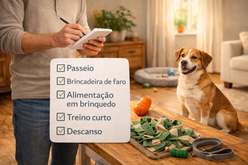 A história da rotina do cão: da fogueira ao lar moderno, entenda como previsibilidade e brincadeiras de enriquecimento ajudam na rotina anti-ansiedade.