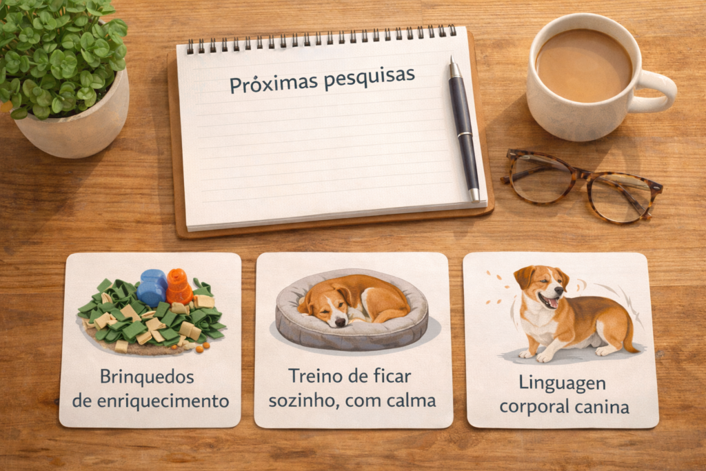 Próximas pesquisas para rotina anti-ansiedade do cão: brinquedos de enriquecimento, treino para ficar sozinho e linguagem corporal, com previsibilidade e calma.