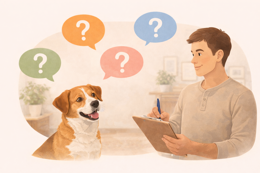 Dúvidas comuns sobre rotina anti-ansiedade para cão: previsibilidade, brincadeiras, passeio, descanso e sinais de estresse para um dia mais calmo.